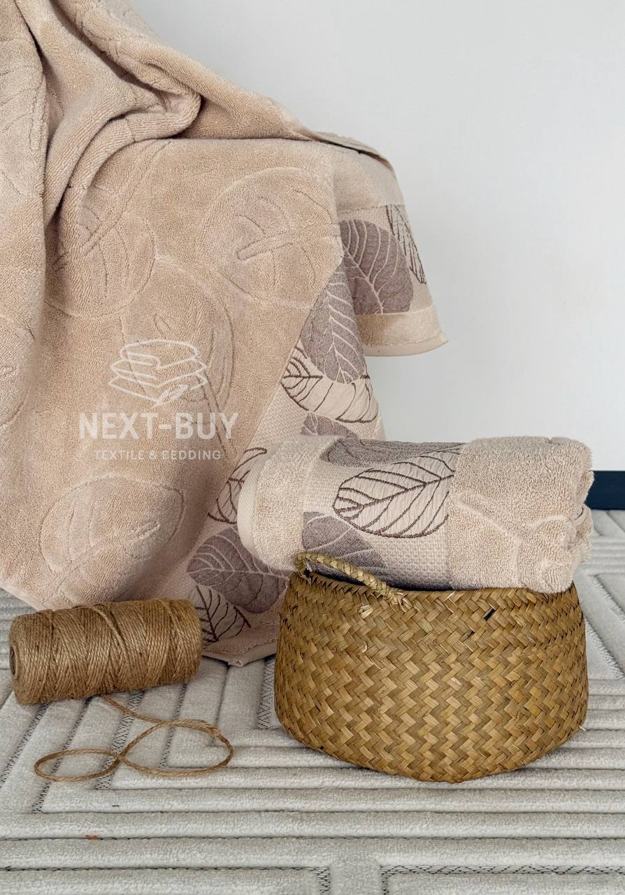 Рушники Leaf Harmony biege Туреччина набір баня + лице 100% бавовна, беж з візерунком листя