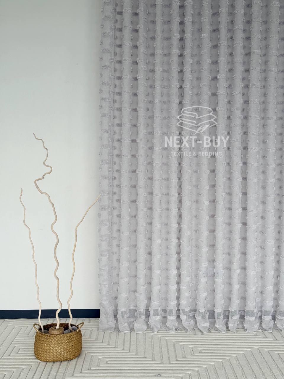 Тюль льон сірий з 3D м’якими помпонами Linen Grey Boho Chic Туреччина