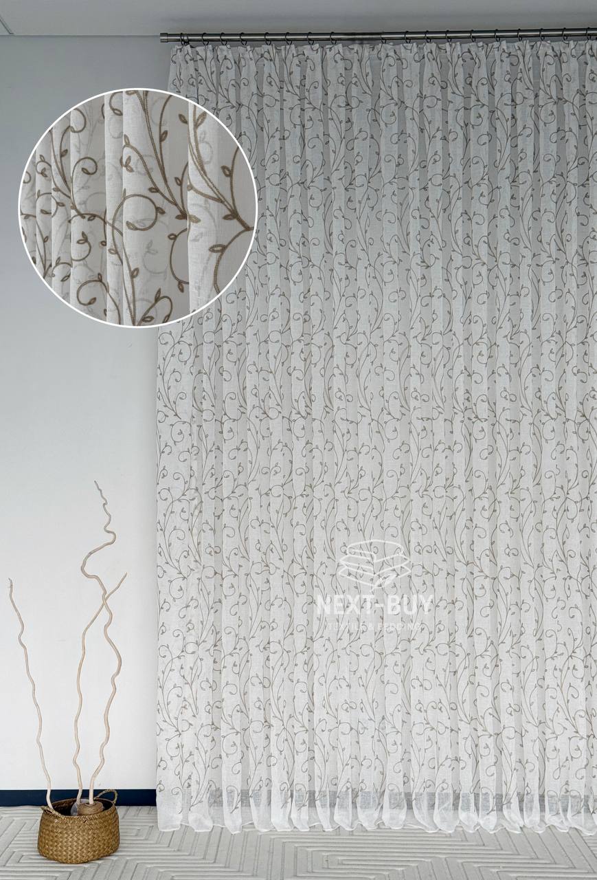 Тюль льон натуральний білий з аплікацією Brown Natural Leaf Embroidery Туреччина