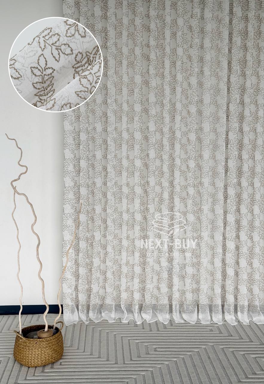 Тюль білий льон з бежевим візерунком Autumn Leaves – Туреччина