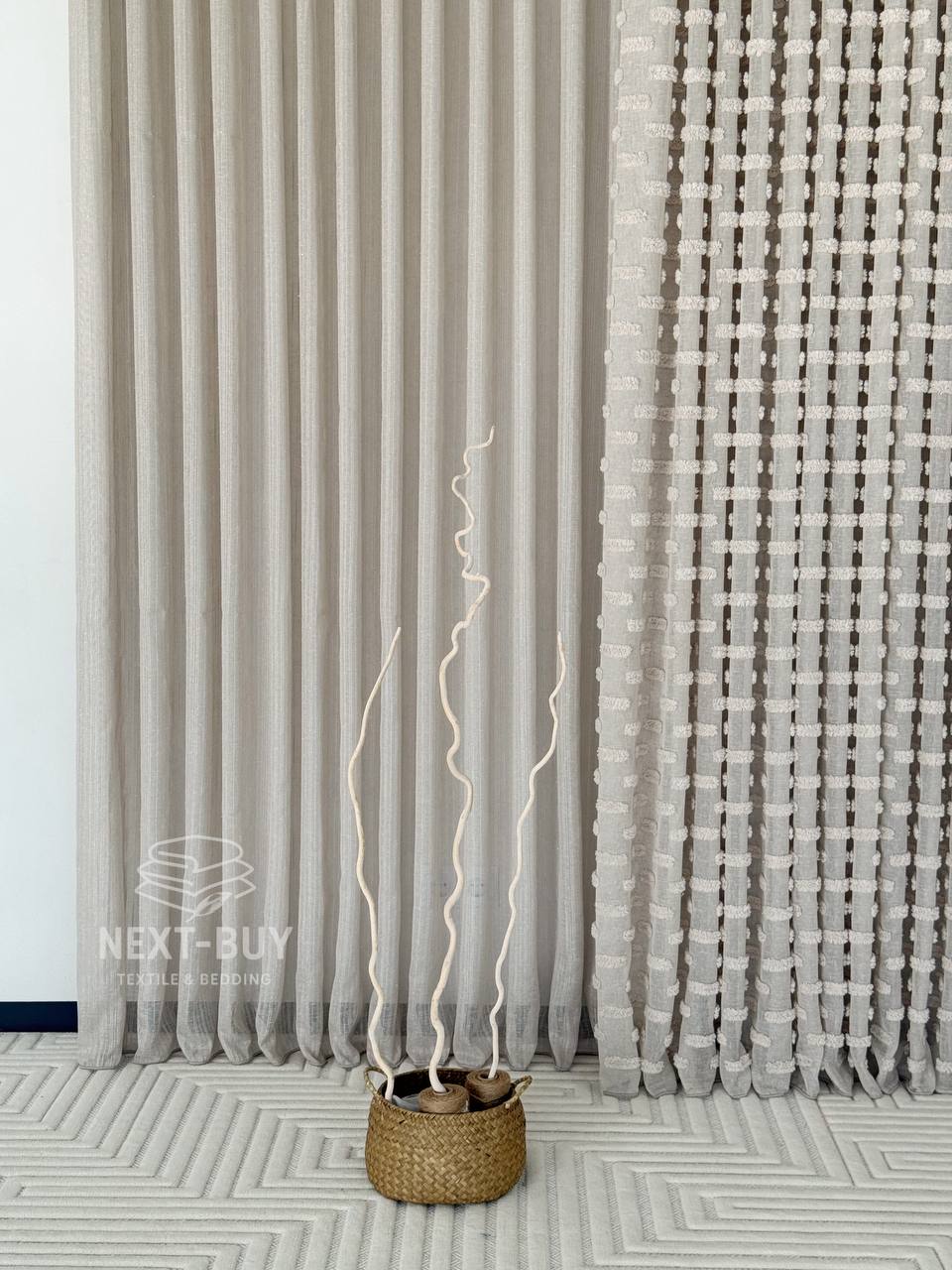 Тюль бежевий льон з 3D м’якими помпонами Linen Bej Boho Chic Туреччина