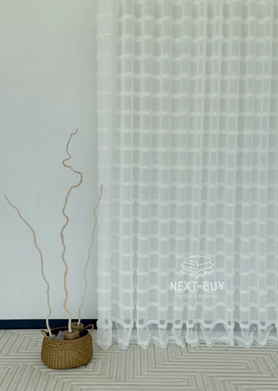 Тюль білий льон у смужку з 3D Linen Snow White Туреччина