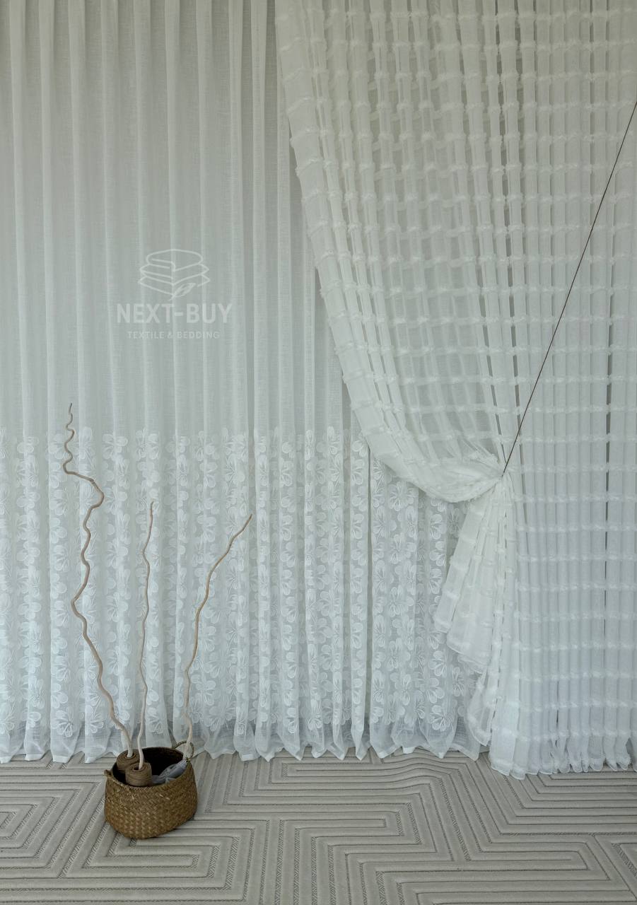 Тюль білий льон з квітковою вишивкою Pure Blossom Sheer Італія