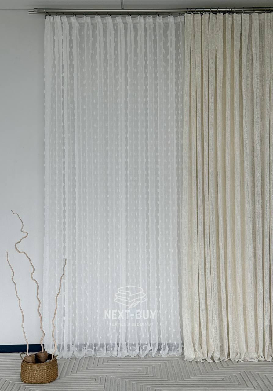 Тюль білий льон з 3D помпонами Linen Pom Veil Туреччина