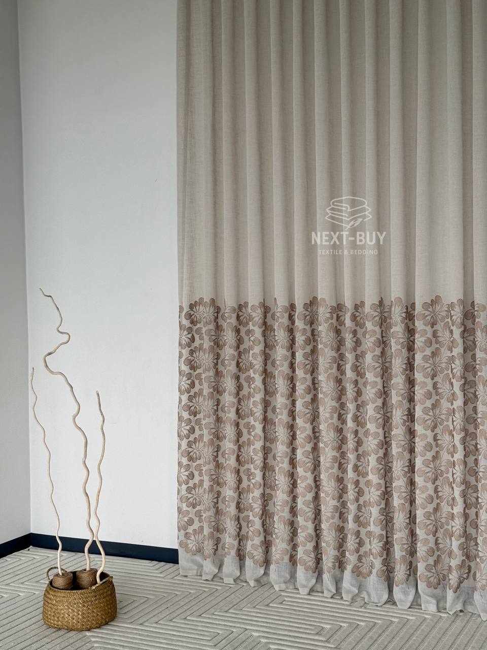 Тюль льон з квітковою вишивкою Amelia Coffee Bloom Італія