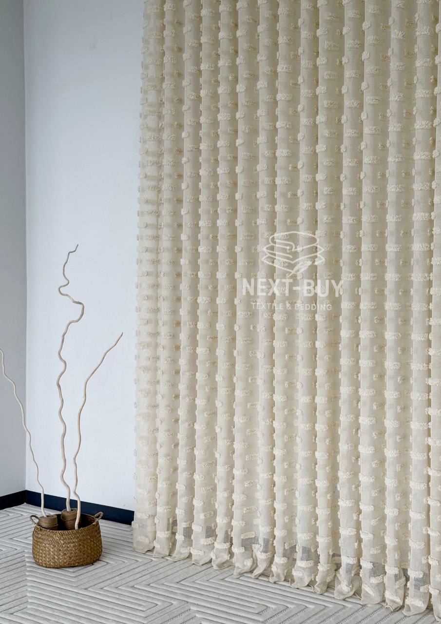 Тюль бежевий льон з 3D-ефектом м’якими помпонами Linen Dot Harmony Туреччина