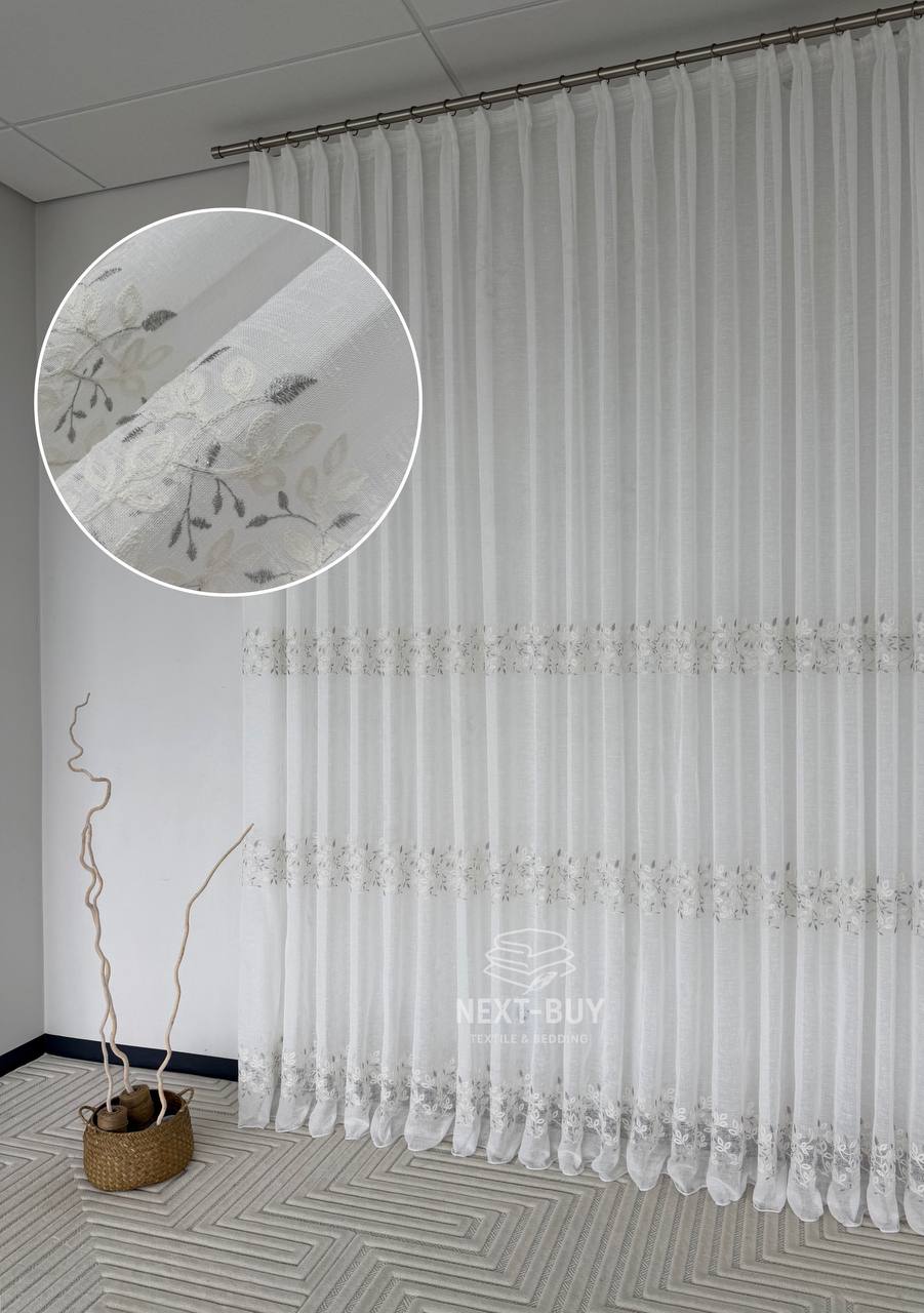 Тюль льон білий з рельєфною флористичною вишивкою Linen Elegance Natural White & Gray Туреччина
