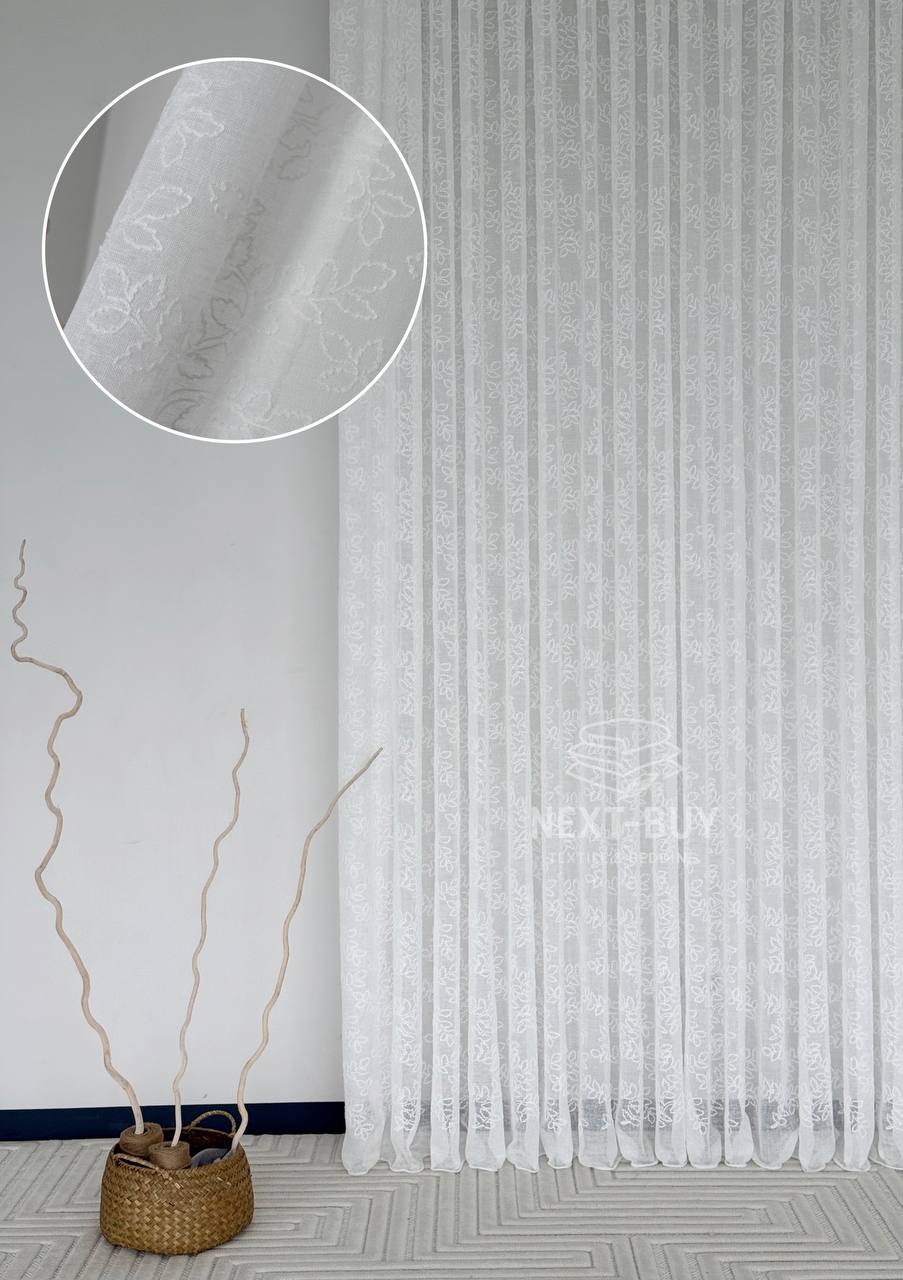 Тюль білий льон з вишивкою в листочки Linen Whisper White, Туреччина