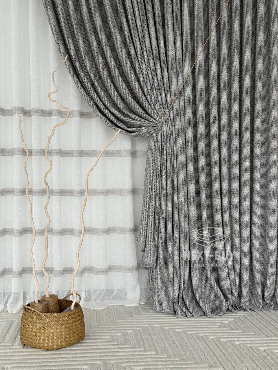 Тюль Boho Linen Flow Grey — сірий льон-сітка, Італія