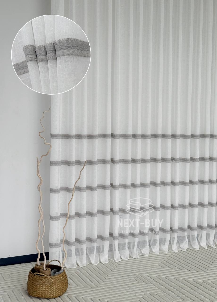 Тюль льон з сірою аплікацією у смужку Linen Grace Silver Lines, Італія