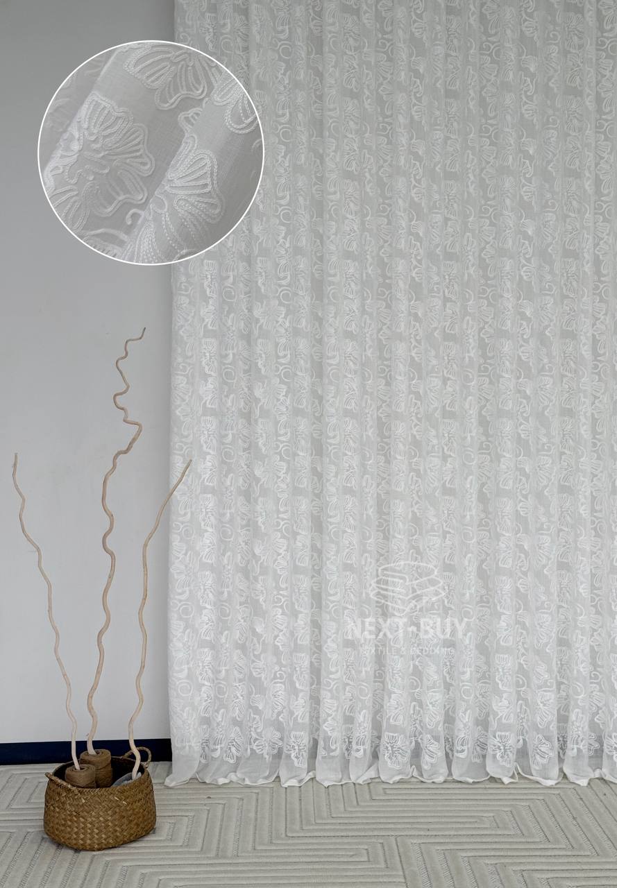 Тюль білий льон з квітковою вишивкою Bianca Fiora White Linen, Італія