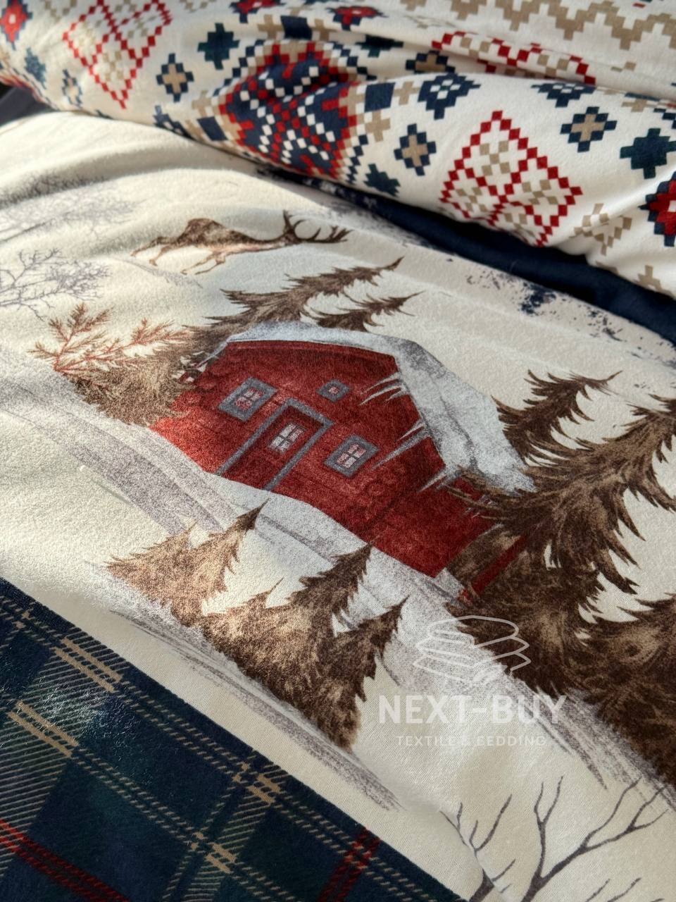 Постільна білизна з простирадлом на резинці First Choice Flannel Nature Navy євро 200×220