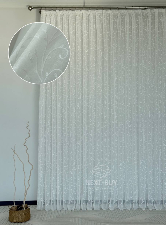 Тюль білий льон з білим візерунком White Natural Leaf Embroidery Туреччина