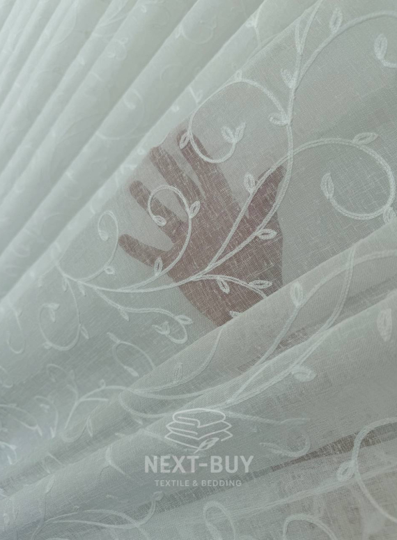 Тюль білий льон з білим візерунком White Natural Leaf Embroidery Туреччина