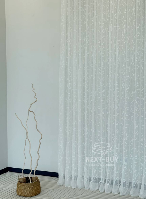 Тюль білий льон з білим візерунком White Natural Leaf Embroidery Туреччина