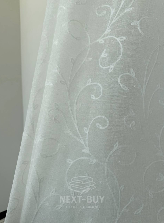 Тюль білий льон з білим візерунком White Natural Leaf Embroidery Туреччина