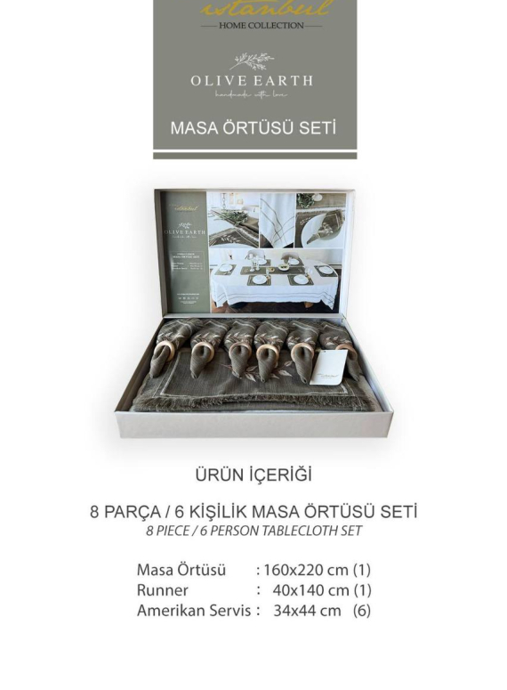Скатертина 160×220, ранер та 6 серветок з вишивкою OLIVE EARTH Istambul Туреччина