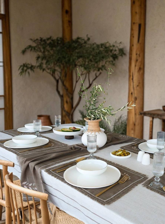 Скатертина 160×220, ранер та 6 серветок з вишивкою OLIVE EARTH Istambul Туреччина