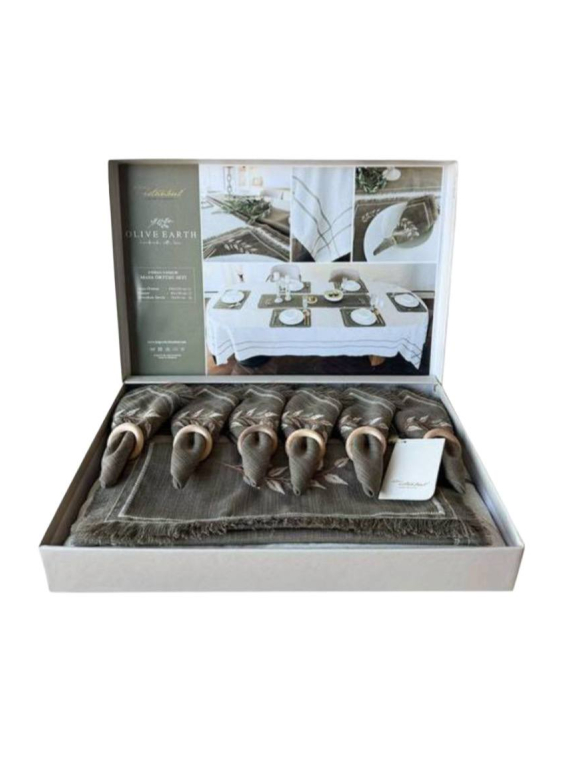 Скатертина 160×220, ранер та 6 серветок з вишивкою OLIVE EARTH Istambul Туреччина