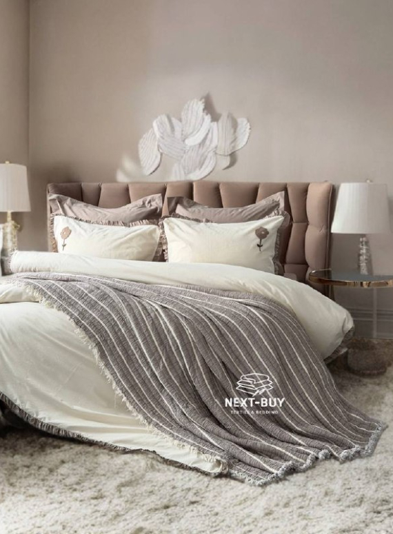 Постільна білизна з простирадлом на резинці Saheser Alessa Bej євро варена бавовна з вишивкою