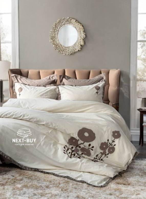 Постільна білизна з простирадлом на резинці Saheser Alessa Bej євро варена бавовна з вишивкою