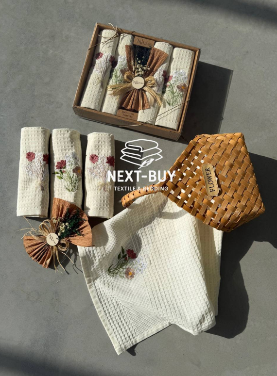 Набір кухонних рушників NILHOME Tencel з вишивкою 40×60 см (4 шт) — вафельна тканина, натуральна бавовна