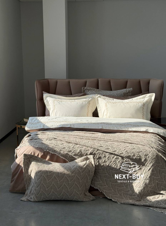 Премиум комплект постельного белья из варёного хлопка Dafne Beige с покрывалом и пледом | Турция