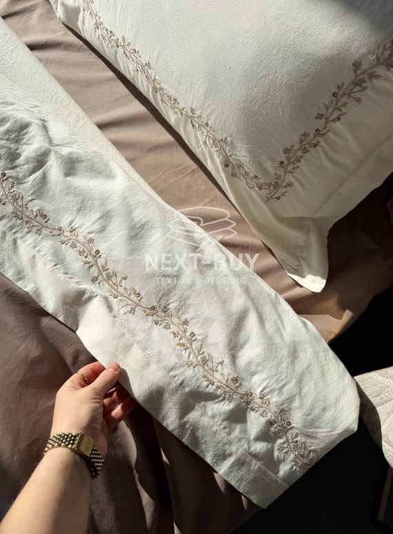 Премиум комплект постельного белья из варёного хлопка Dafne Beige с покрывалом и пледом | Турция