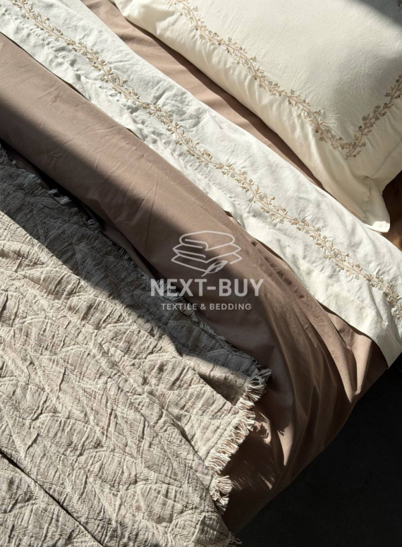 Премиум комплект постельного белья из варёного хлопка Dafne Beige с покрывалом и пледом | Турция