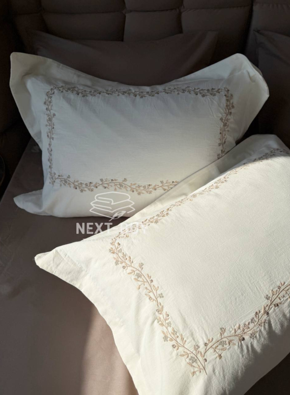 Премиум комплект постельного белья из варёного хлопка Dafne Beige с покрывалом и пледом | Турция