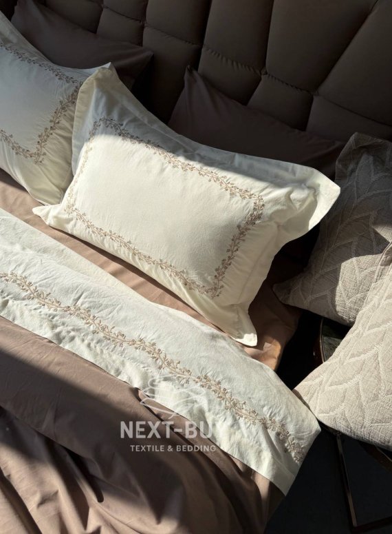 Премиум комплект постельного белья из варёного хлопка Dafne Beige с покрывалом и пледом | Турция