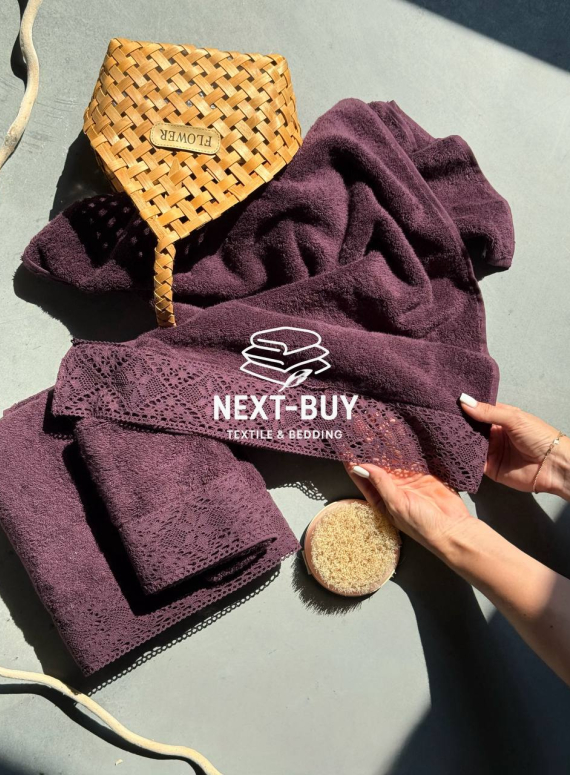 Maison Dor Naturella набір рушників 3шт 30х50 50х90 70х140 махра з мереживом фіолетовий
