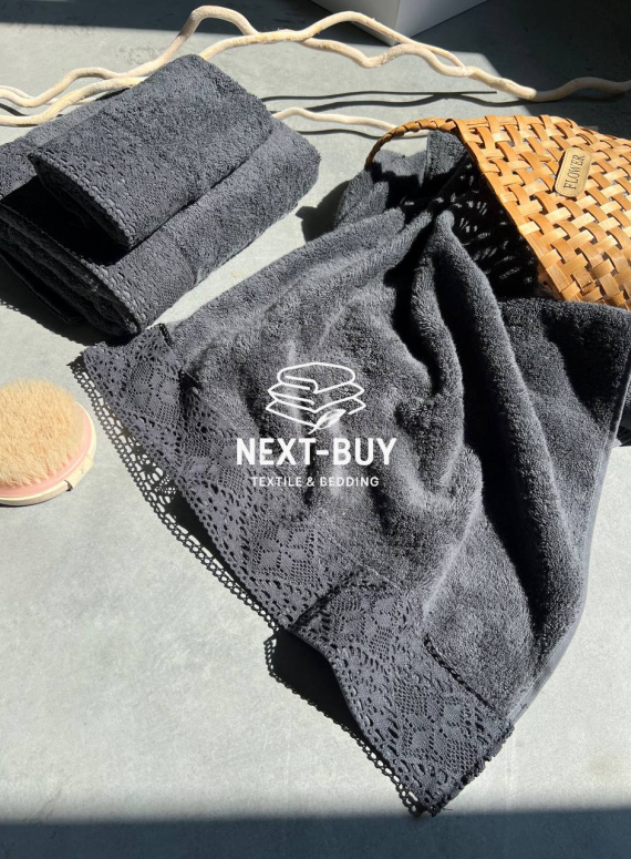 Maison Dor Naturella набір рушників 3шт 30х50 50х90 70х140 махра з мереживом антрацит