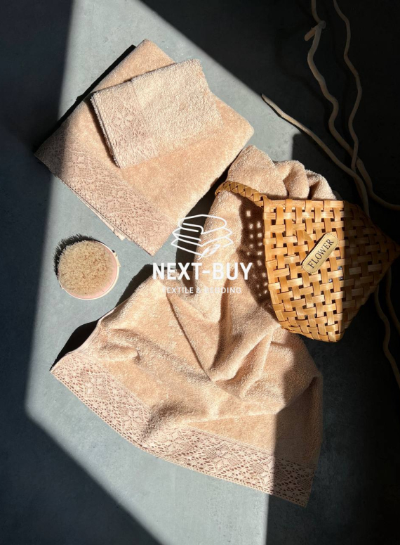 Maison Dor Naturella набір рушників 3шт 30х50 50х90 70х140 махра з мереживом бежевий