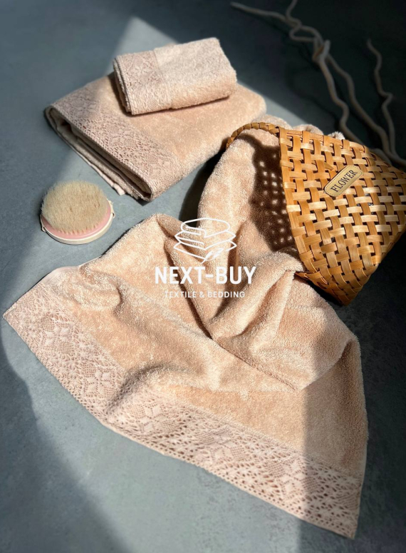 Maison Dor Naturella набір рушників 3шт 30х50 50х90 70х140 махра з мереживом бежевий