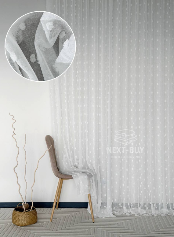 Тюль з 3D помпонами Linen Dots Ecru Туреччина