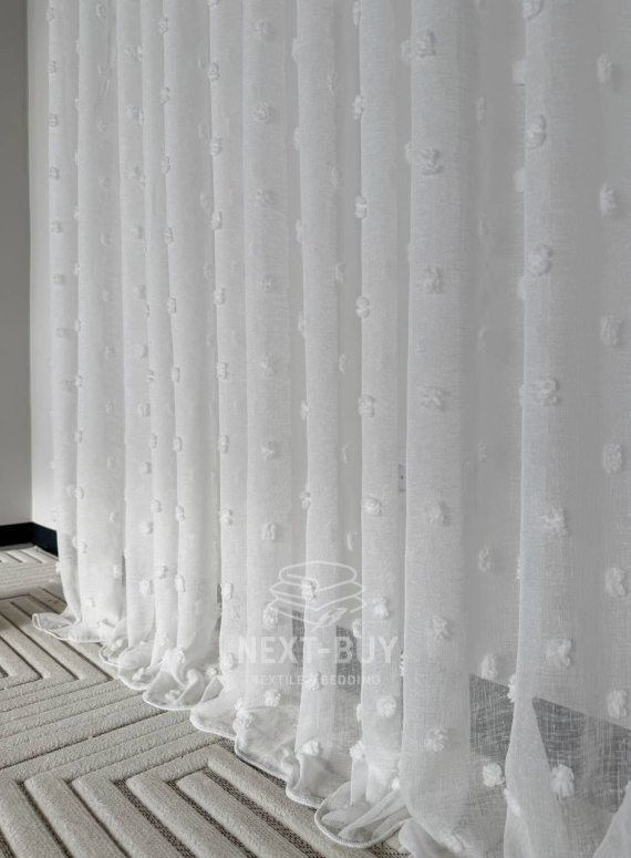 Тюль з 3D помпонами Linen Dots Ecru Туреччина