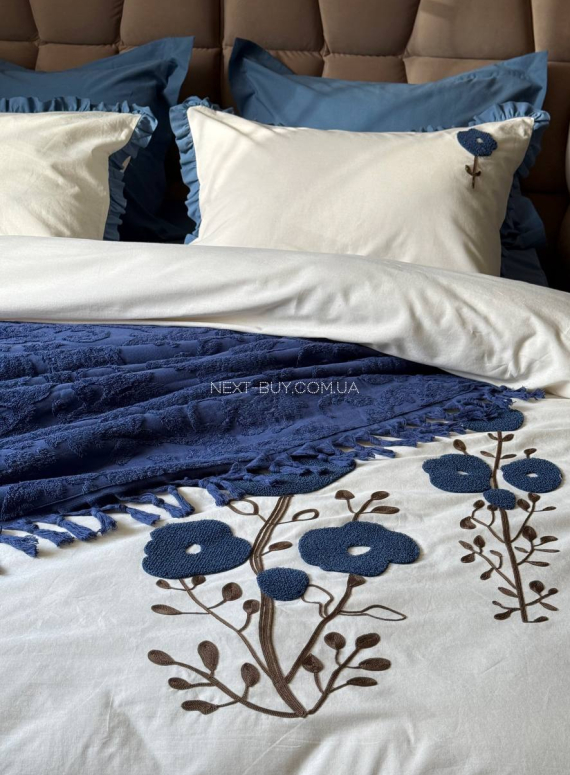 Махрове простирадло-покривало Maison D'or Paris Sanda з бахромою 220х240 синє
