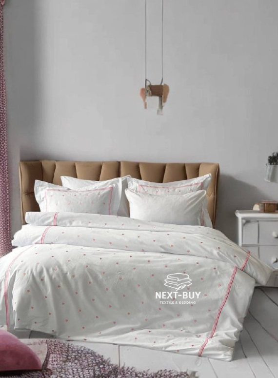 Постільна білизна Maison D’or Lamour Rose основа біла, з вишивкою рожевих сердечок, преміум сатин 300ТС, Туреччина