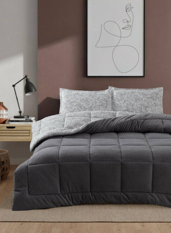 Постельное белье с объемным покрывалом-пледом Kupon Uyku Seti Gri Премиальный комплект для стильного и тёплого сна