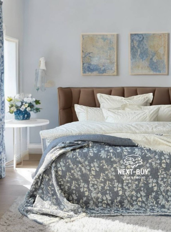 Муслиновое покрывало Misty Garden blue/krem евро Турция