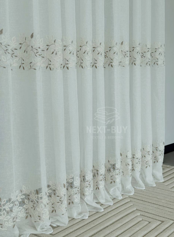 Тюль білий льон з вишивкою Linen Elegance Natural White & Beige Туреччина
