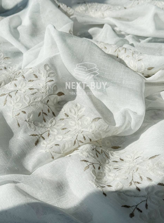 Тюль білий льон з вишивкою Linen Elegance Natural White & Beige Туреччина
