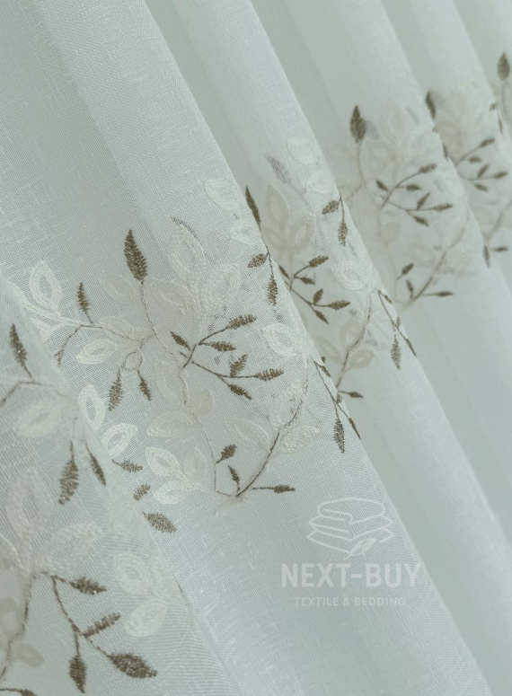 Тюль білий льон з вишивкою Linen Elegance Natural White & Beige Туреччина