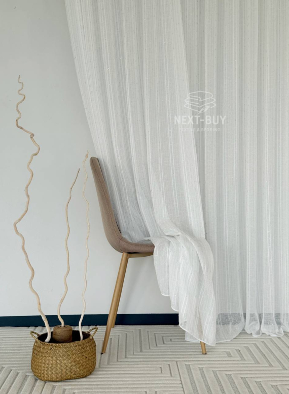 Тюль льон у смужку з сріблястим люрексом Linen Shine Stripe Snow White & Silver Туречинна
