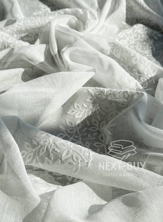 Тюль льон білий з рельєфною, флористичною вишивкою  Linen Elegance Natural White Туречинна