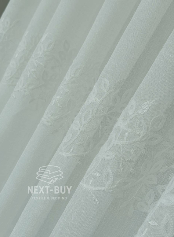 Тюль льон білий з рельєфною, флористичною вишивкою  Linen Elegance Natural White Туречинна