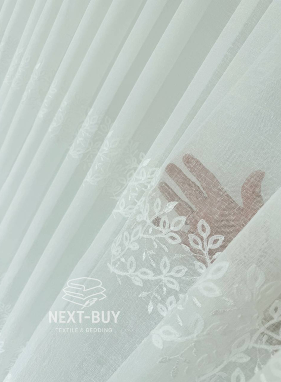 Тюль льон білий з рельєфною, флористичною вишивкою  Linen Elegance Natural White Туречинна