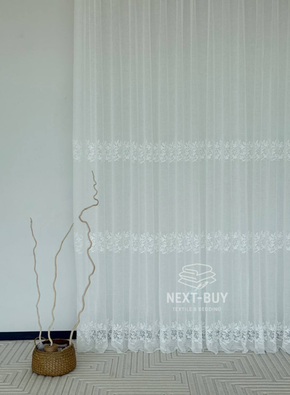 Тюль льон білий з рельєфною, флористичною вишивкою  Linen Elegance Natural White Туречинна