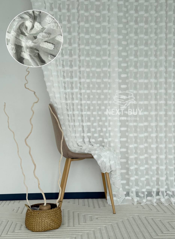 Тюль льон білосніжна з 3D м’якими помпонами Linen White Boho Chic, Туреччина